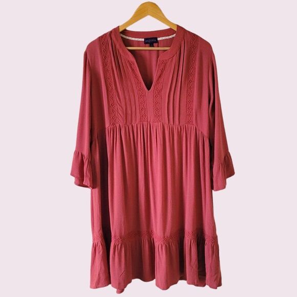 ARTESIA Rust Orange Mini Dress Size L Crepe Rayon Boho Layered Ruffle Sleeve - Picture 3 of 8